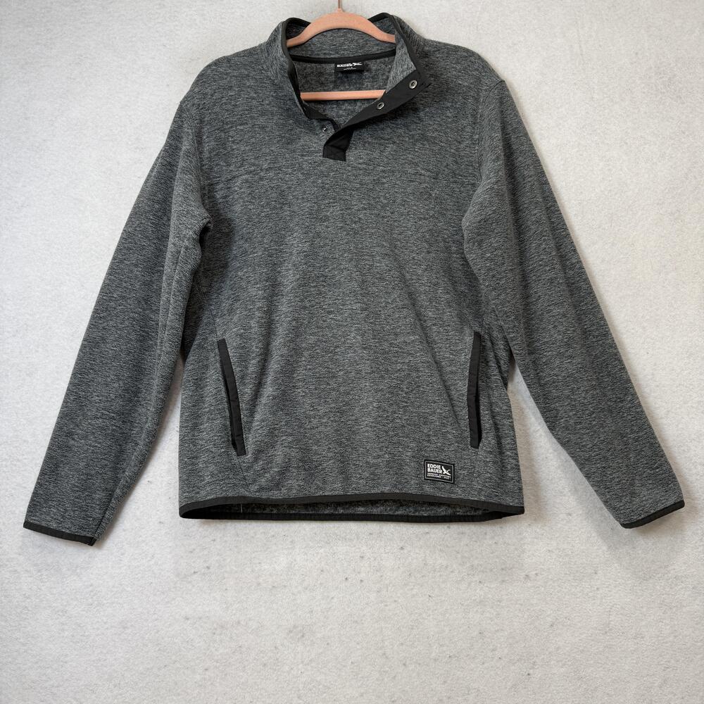 Eddie Bauer Sweatshirt Mens Small Gray Fleece Snap Mock Neck Pullover Pockets